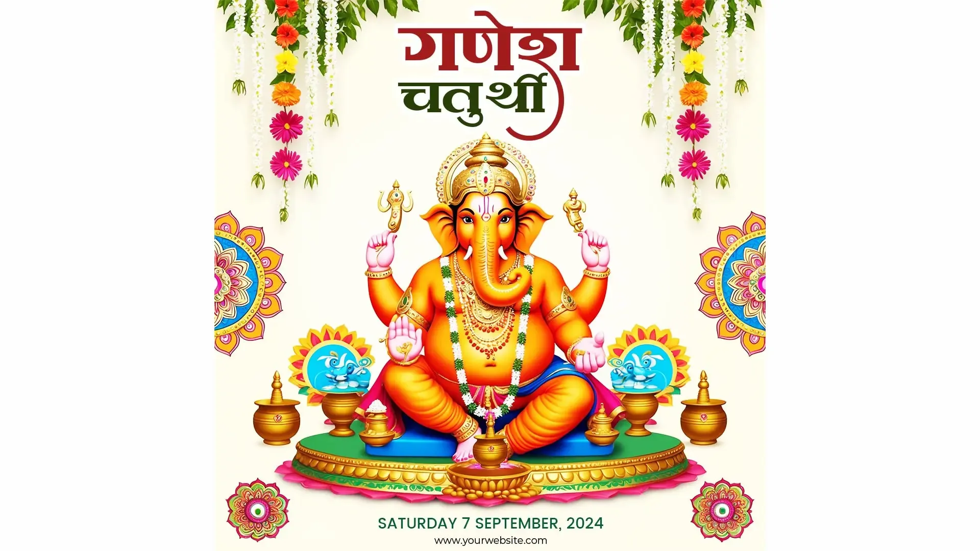 Elegant Ganesh Chaturthi Instagram Post with Rangoli and Floral Design image